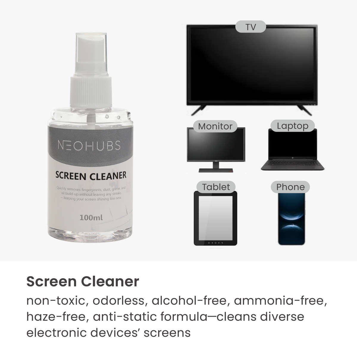 NEOHUBS 3 in 1 Screen Cleaning Kit with Spray, Brush & Microfiber Cloth