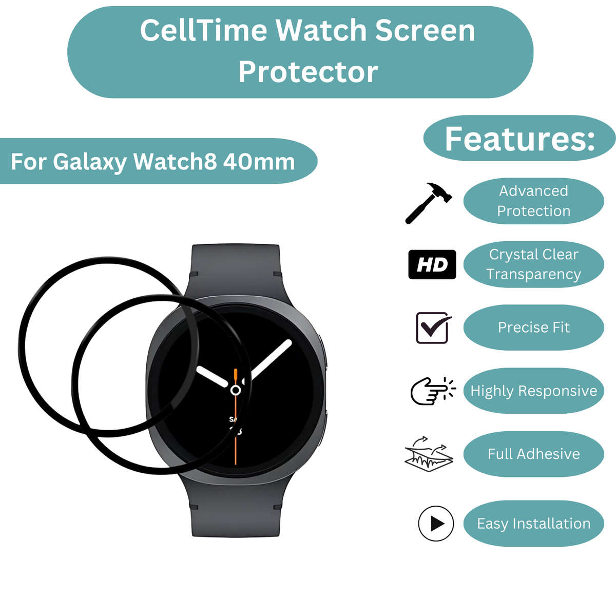 CellTime Screen Guard Compatible with Galaxy Watch8 40mm- 2 Pack
