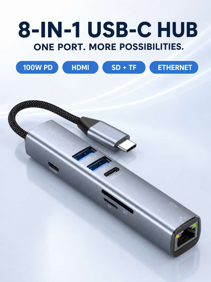 NEOHUBS HUB ULTRA 8-in-1 Type-C Hub with HDMI, RJ45, 100W PD, USB 3 & USB-C