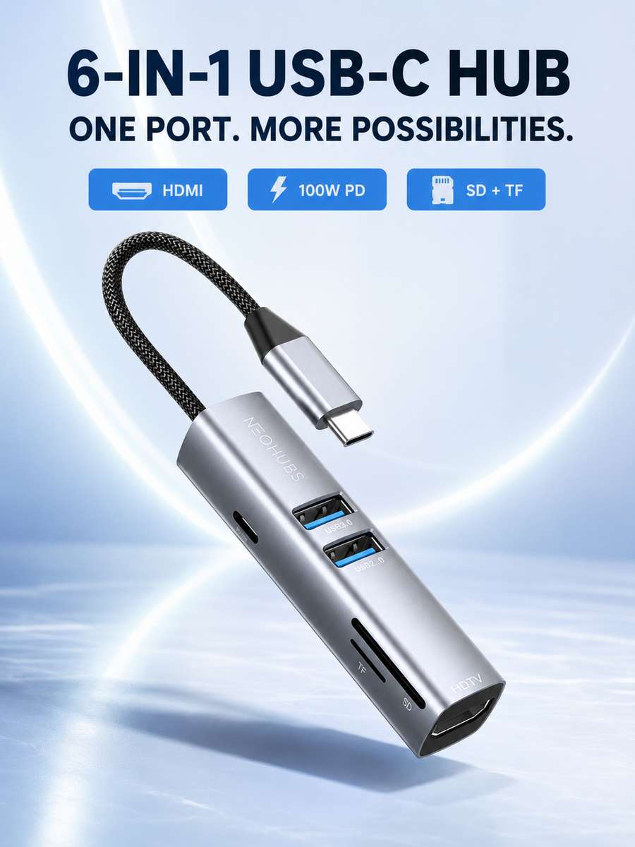 NEOHUBS HUB ELITE 6-in-1 Type-C Hub with HDMI, USB-C 100W, SD/TF, USB 3 & 2