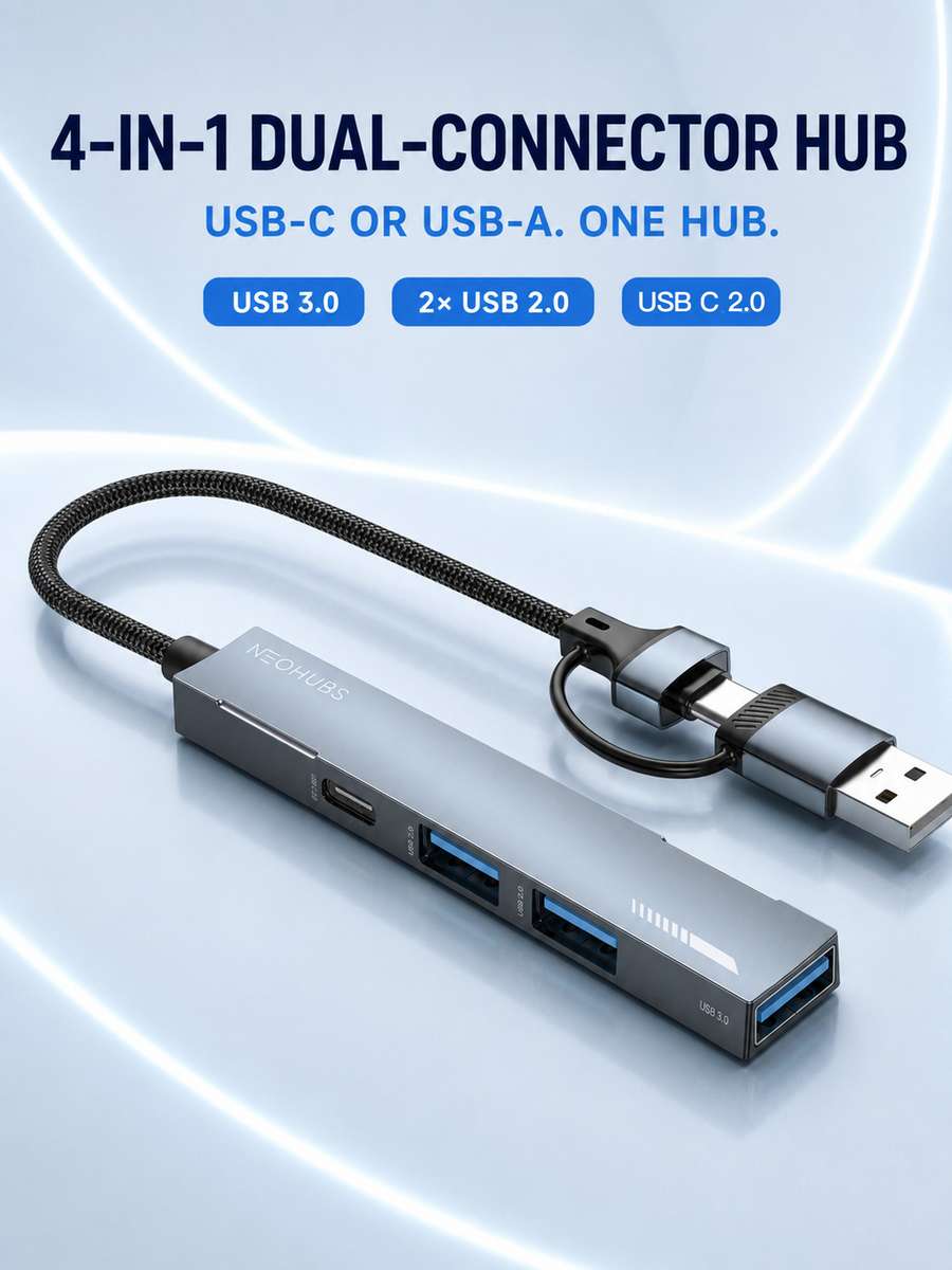 NEOHUBS HUB PLUS 4-in-1 USB A/Type-C Hub with USB 3, 2x USB 2 & USB-C 60W