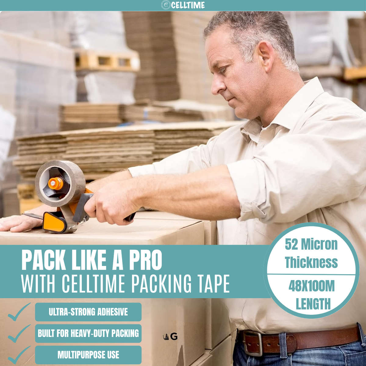 CellTime Heavy-Duty Clear Packaging Buff Tape (48mm x 100m) - 5 Rolls