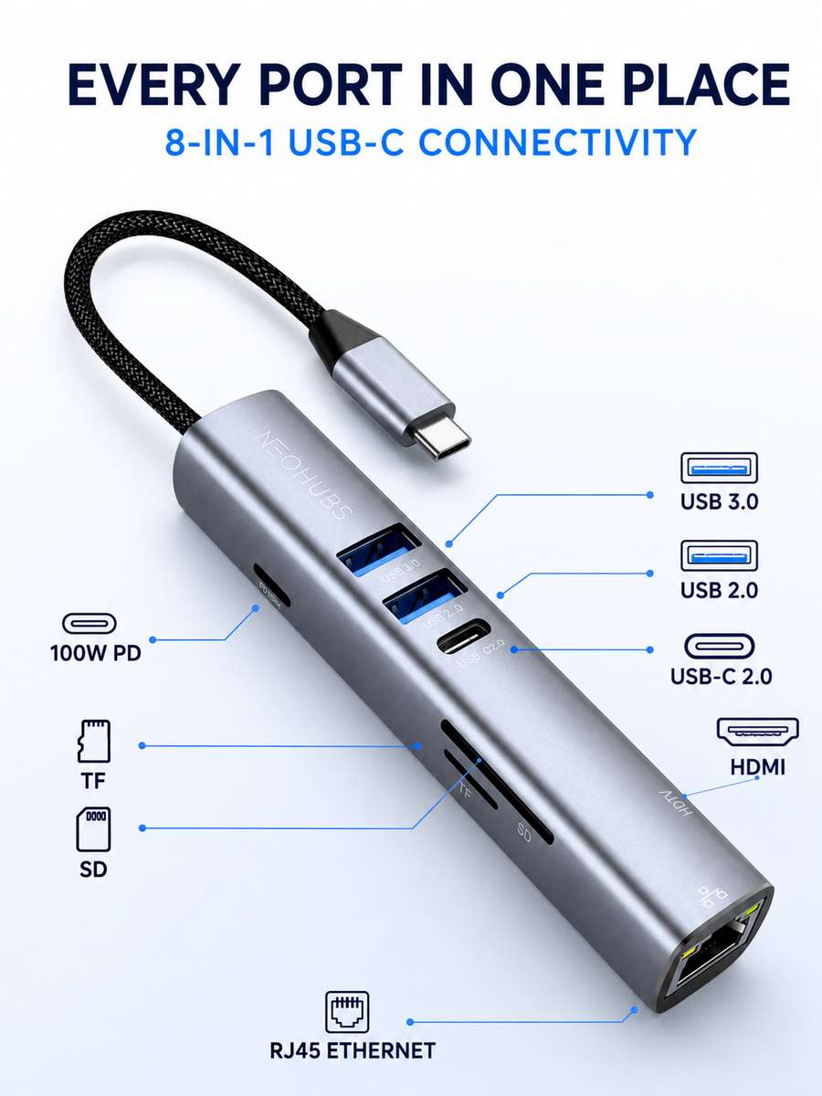NEOHUBS HUB ULTRA 8-in-1 Type-C Hub with HDMI, RJ45, 100W PD, USB 3 & USB-C