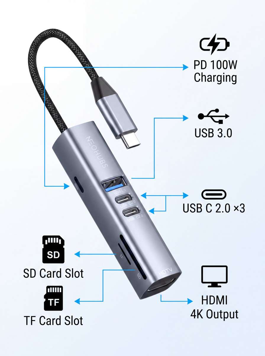 NEOHUBS HUB MAX 7-in-1 Type-C Hub with HDMI, 100W PD, SD/TF, USB 3 & USB-C