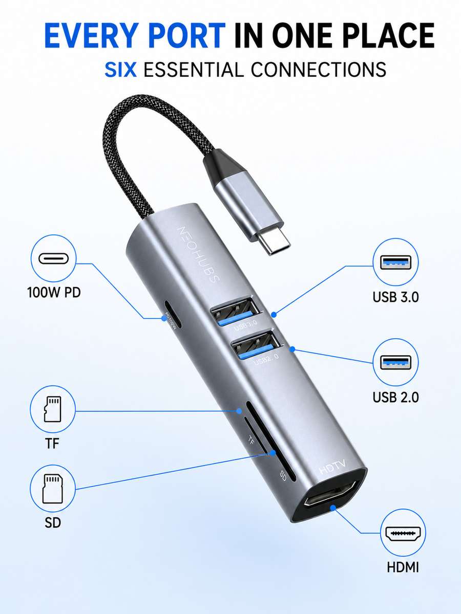 NEOHUBS HUB ELITE 6-in-1 Type-C Hub with HDMI, USB-C 100W, SD/TF, USB 3 & 2
