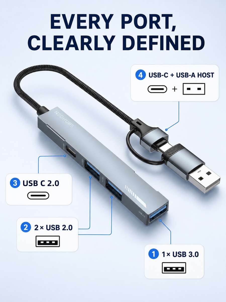 NEOHUBS HUB PLUS 4-in-1 USB A/Type-C Hub with USB 3, 2x USB 2 & USB-C 60W
