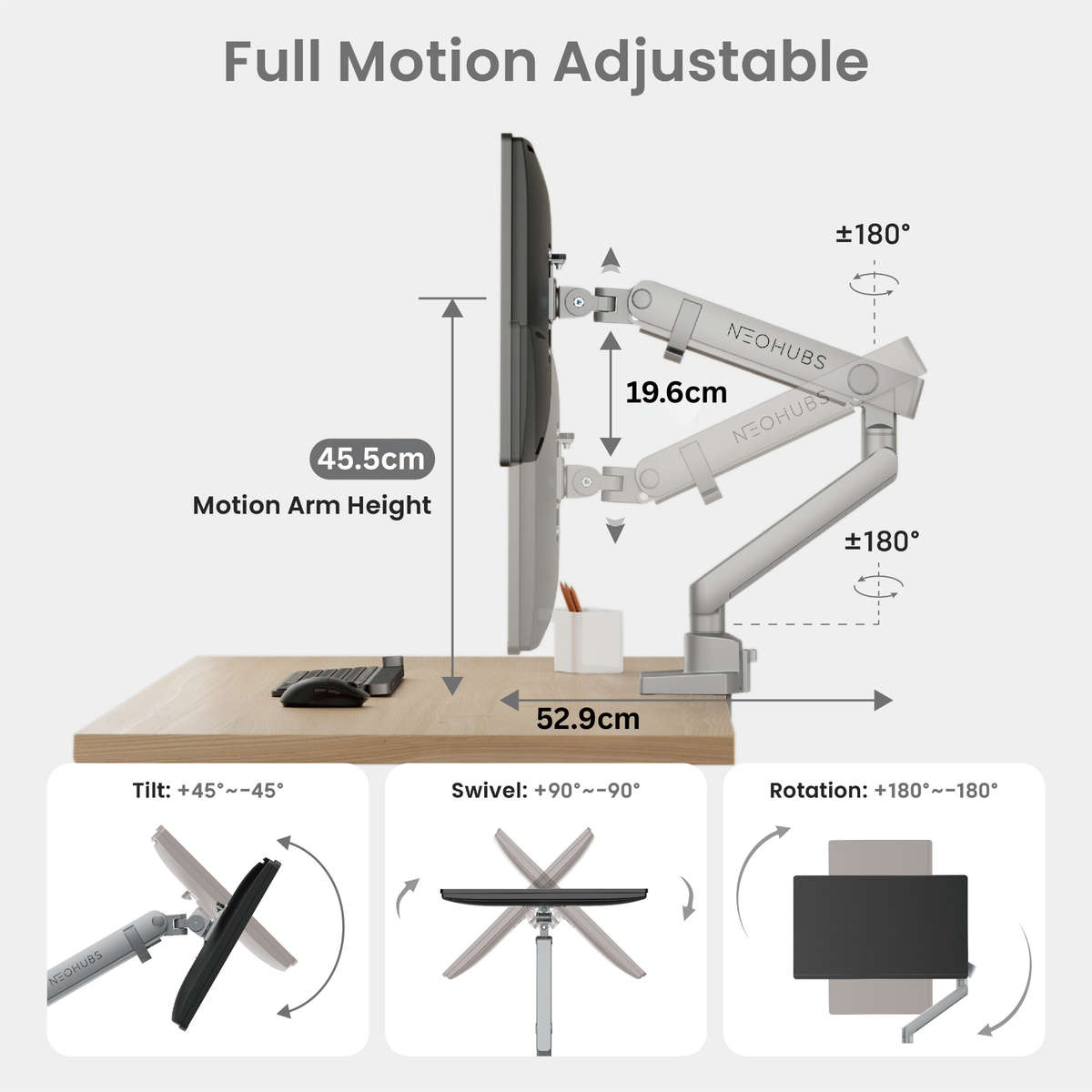 NEOHUBS Pro Single Monitor Arm Mount Premium Adjustable VESA Desktop Stand