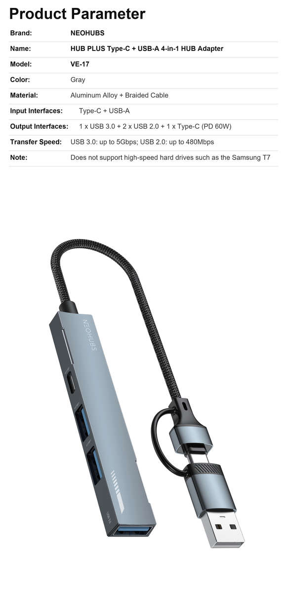 NEOHUBS HUB PLUS 4-in-1 USB A/Type-C Hub with USB 3, 2x USB 2 & USB-C 60W