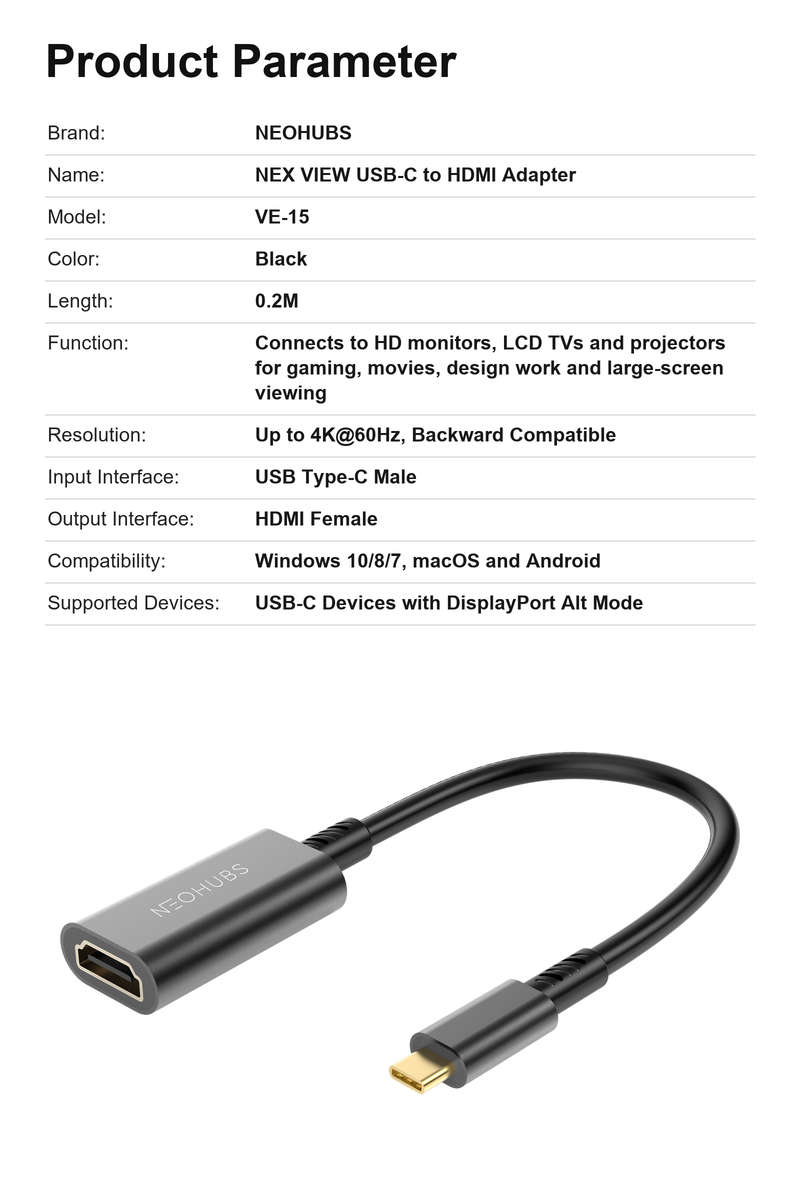 NEOHUBS NEX VIEW Type C to HDMI Adapter Cable - USB C to HDMI Converter