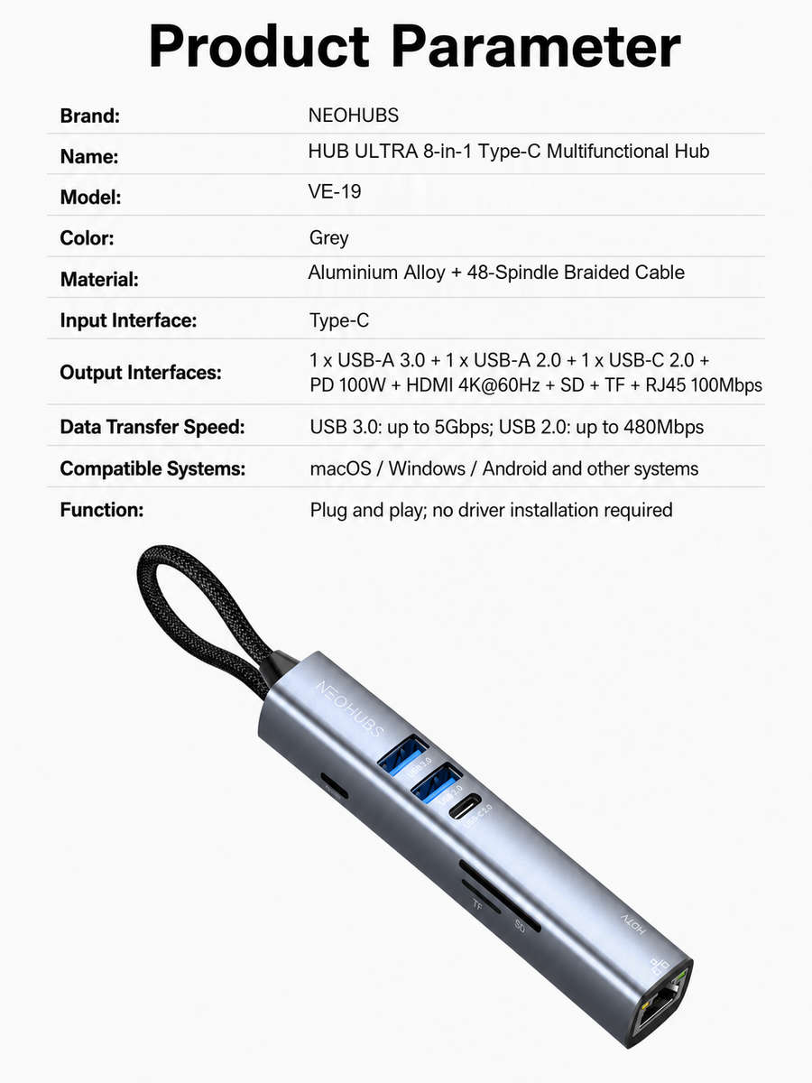 NEOHUBS HUB ULTRA 8-in-1 Type-C Hub with HDMI, RJ45, 100W PD, USB 3 & USB-C