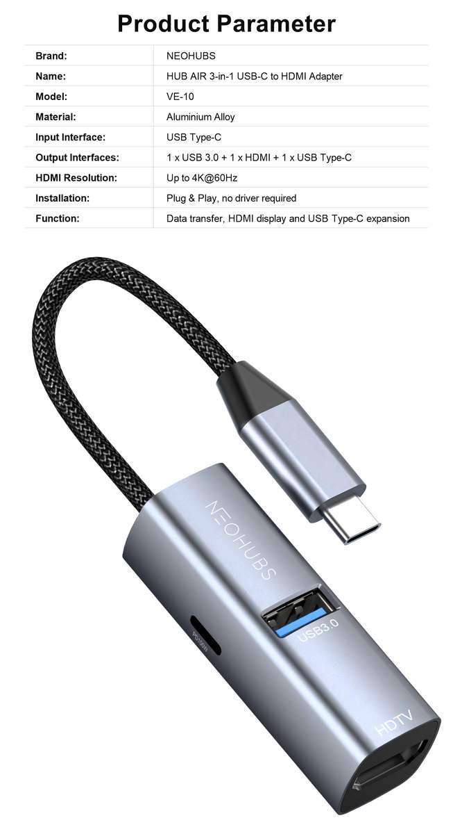 NEOHUBS HUB AIR 3-in-1 Type-C Hub with 4K HDMI, USB 3.0 & USB-C PD 100W