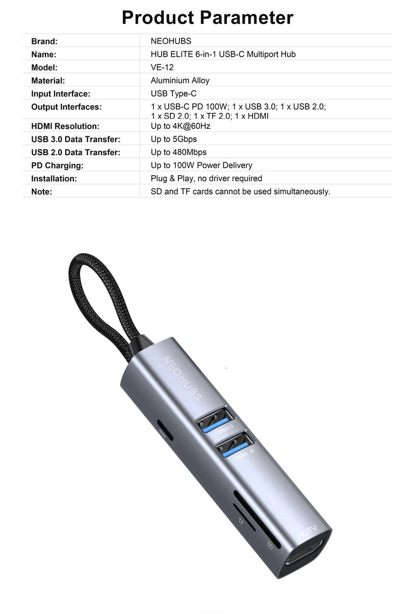 NEOHUBS HUB ELITE 6-in-1 Type-C Hub with HDMI, USB-C 100W, SD/TF, USB 3 & 2