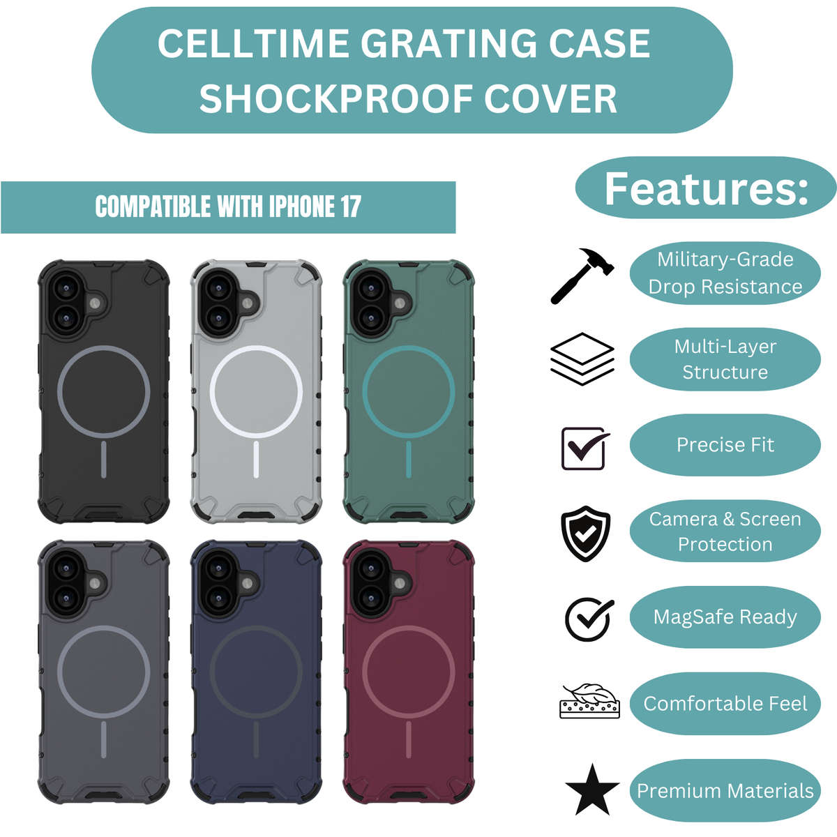 CellTime Case Compatible with iPhone 17 Grating Shockproof MagSafe Cover
