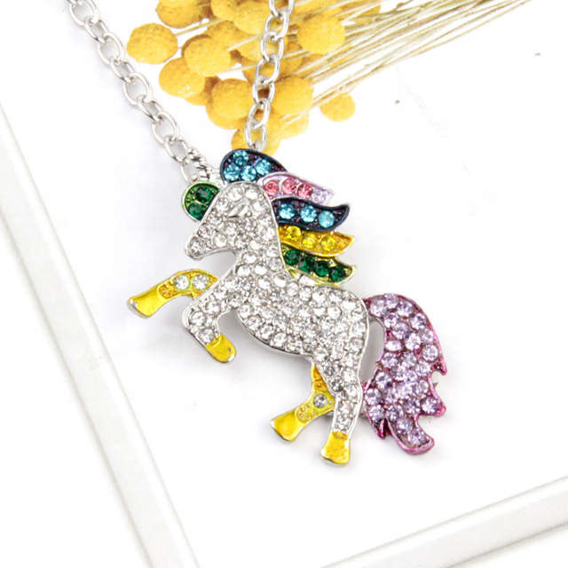 Diva Rainbow Crystal Unicorn Pendant Necklace - Silver with Yellow
