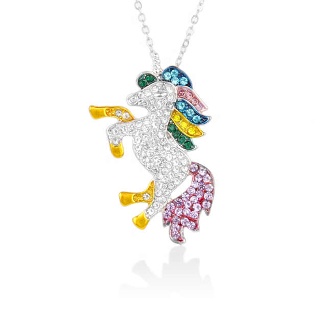 Diva Rainbow Crystal Unicorn Pendant Necklace - Silver with Yellow