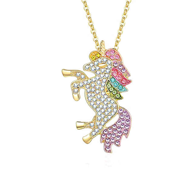 Diva Rainbow Crystal Unicorn Pendant Necklace - Silver with Yellow