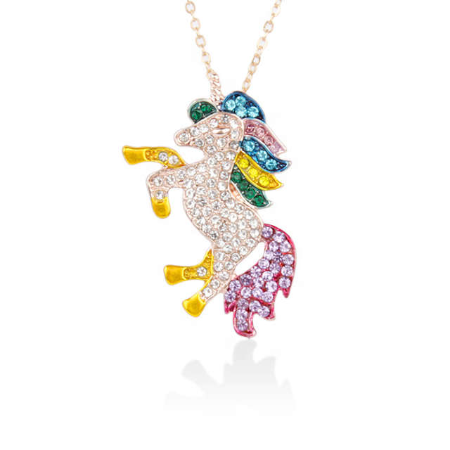 Diva Rainbow Crystal Unicorn Pendant Necklace - Rose Gold with colours