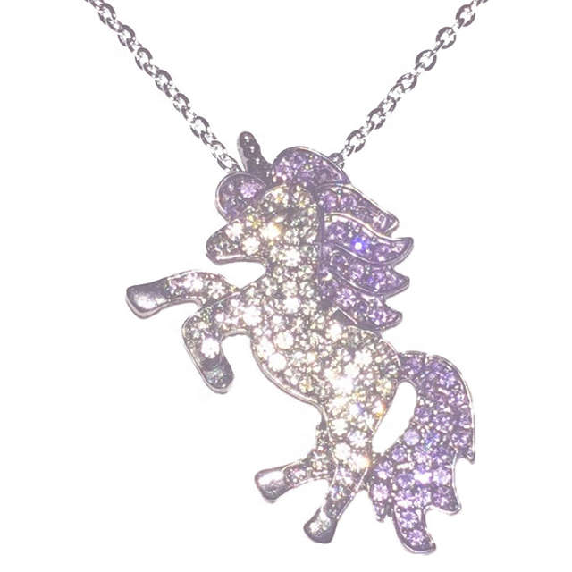 Diva Rainbow Crystal Unicorn Pendant Necklace - Silver with Yellow