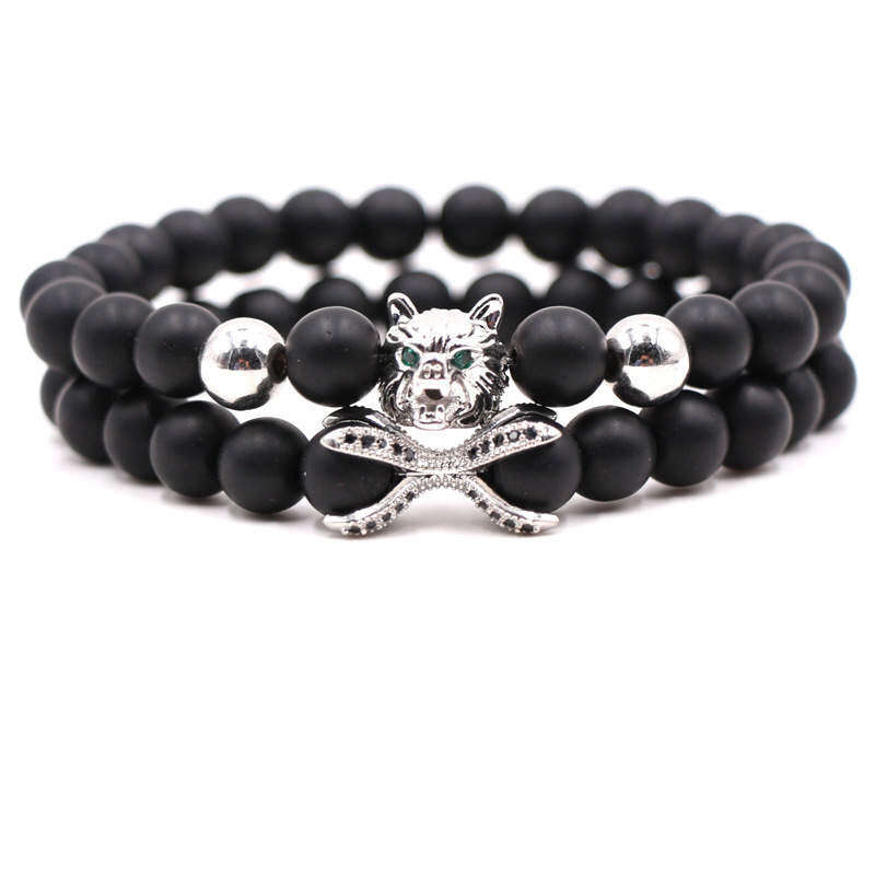 Argent Craft Natural Black Matte Agate Stone Bracelet with Wolf & Artifact - Silver