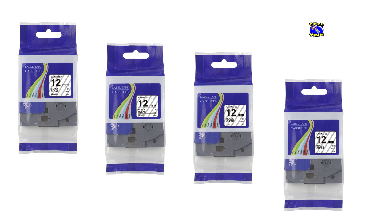 TZ-131 Label Tape Cartridge 12mm-Laminated Black On Clear-Pack Of 4