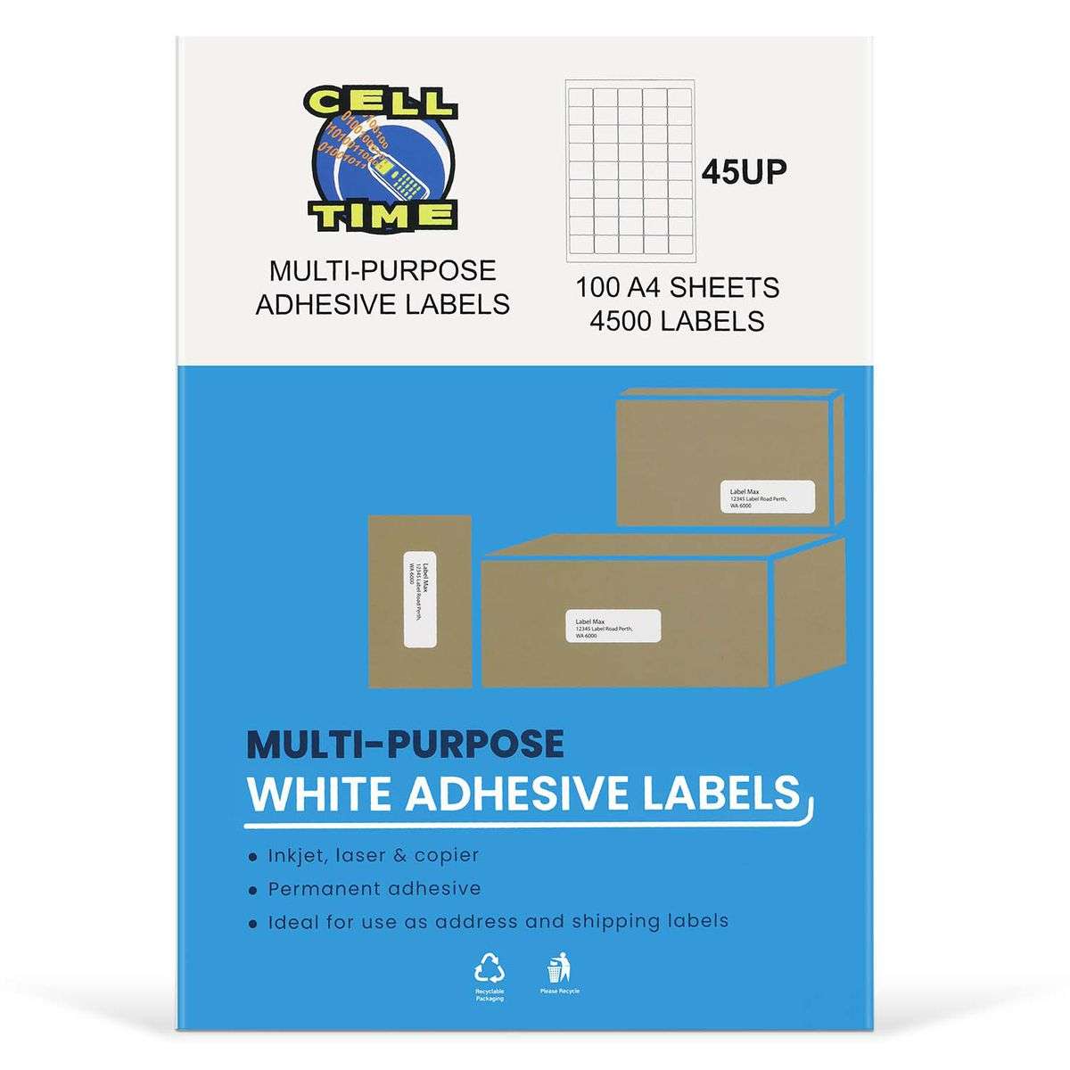 CellTime 45 UP A4 Self Adhesive Labels - 100 Sheets (39.2mm x 29.88mm)