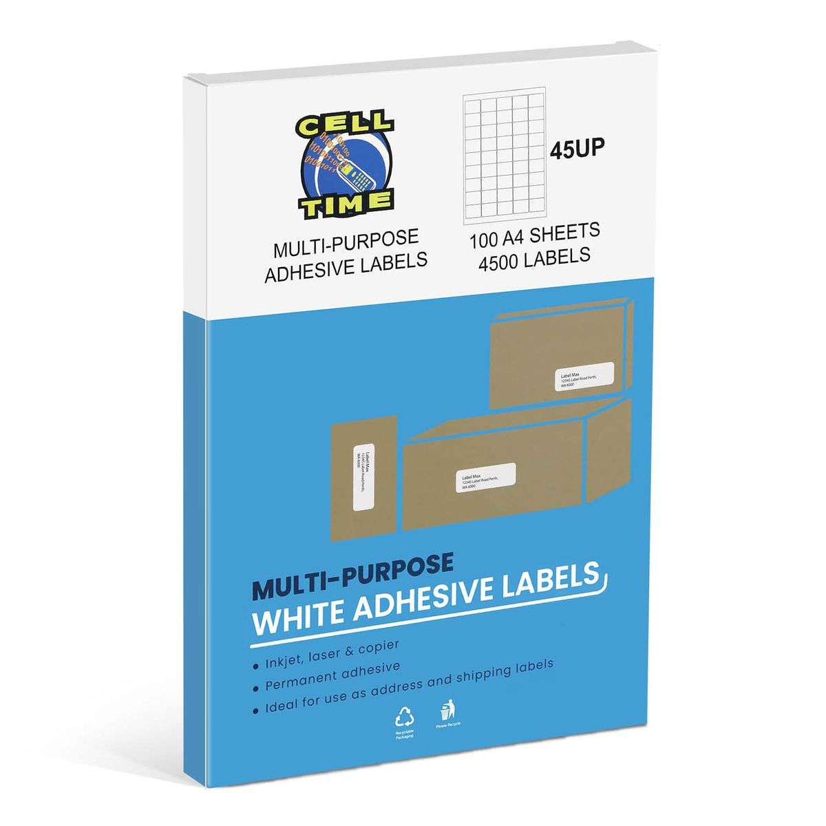 CellTime 45 UP A4 Self Adhesive Labels - 100 Sheets (39.2mm x 29.88mm)