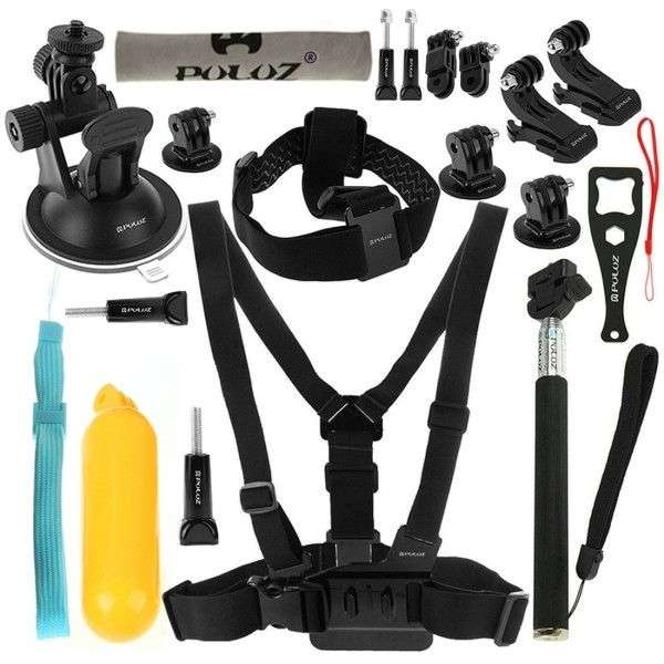 PULUZ 20 in 1 Accessories Combo Kit (Chest Strap + Head Strap + Suction Cup Mount + 3-Way Pivot A...