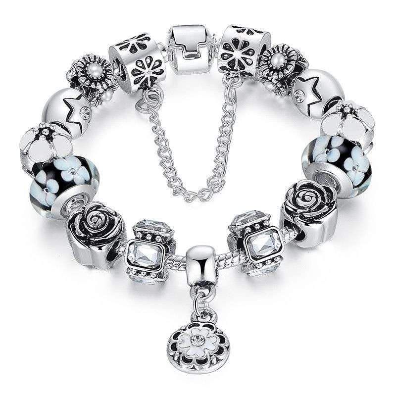 European Style 925 Silver Bracelet With Handmade Flower Charm Murano Bead - 20cm