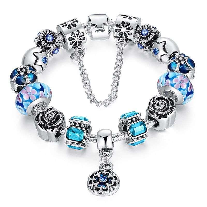 European Style 925 Silver Bracelet With Handmade Flower Charm Murano Bead - Blue - 20cm