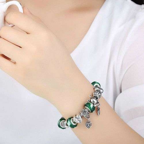 European Style 925 Silver Bracelet With Friendship Charm Murano Bead - Green - 20cm