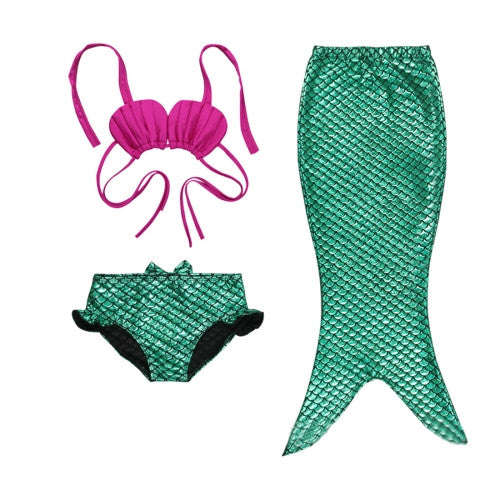 Girl Mermaid Tail 3 Pieces Swimmable Bikini Set Cute Swimsuit Size: 120cm(Green)