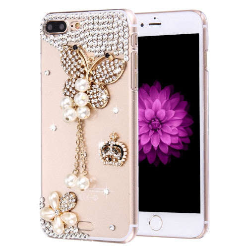 Fevelove for iPhone 7 Plus Diamond Encrusted Pearl Butterfly Pattern PC Protective Case Back Cover