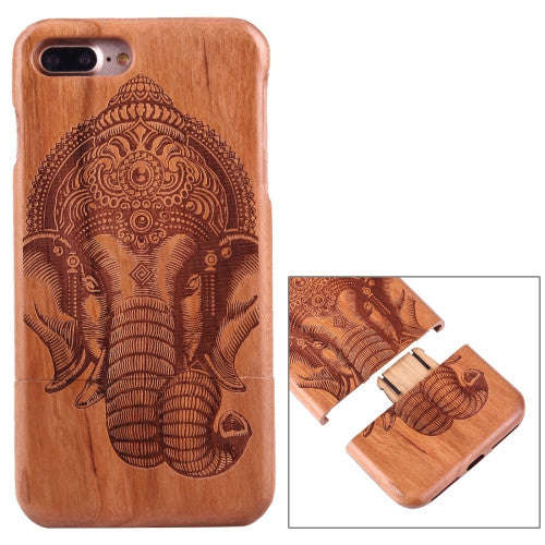 For iPhone 7 Plus Separable Carving Indian Elephant Pattern Cherry Wood Protective Back Case Shell
