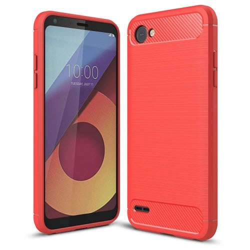For LG Q6 Brushed Texture Carbon Fiber Shockproof TPU Rugged Armor Protective Case (Red)