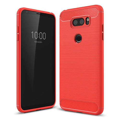 For LG V30 Brushed Texture Carbon Fiber Shockproof TPU Rugged Armor Protective Case (Red)