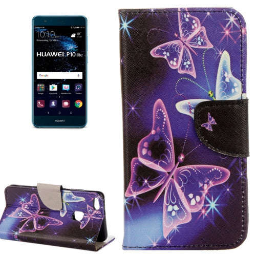For Huawei P10 Lite Purple Crystal Butterflies Pattern Horizontal Flip Leather Case with Holder &...