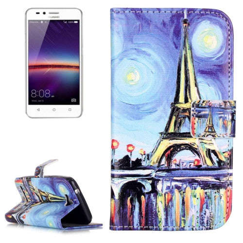 Huawei Y3 II Embossment Oil Painting Tower Pattern Horizontal Flip Leather Case with Holder & Car...