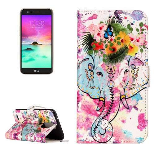 For LG K10 (2017) Gloss Oil Embossed Flower Elephant Pattern Horizontal Flip Leather Case with Ho...