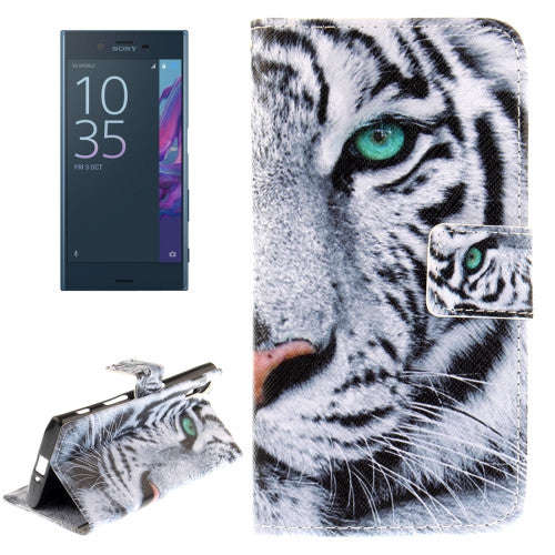 For Sony Xperia XZ White Tiger Pattern Horizontal Flip Leather Case with Holder & Card Slots & Wa...