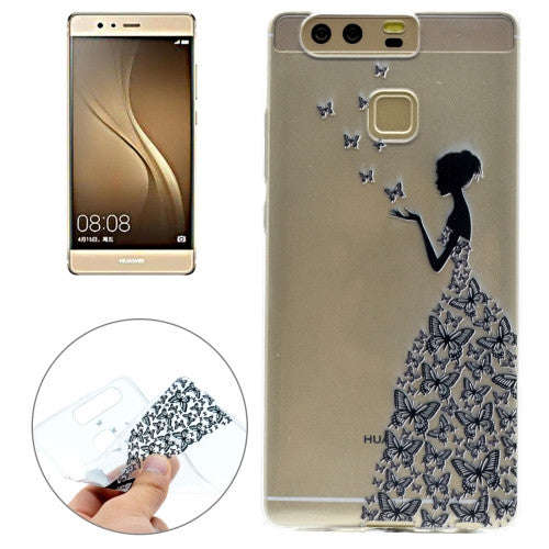 Huawei P9 Case, Butterfly and Girl Pattern Transparent Soft TPU Protective Back Cover Case