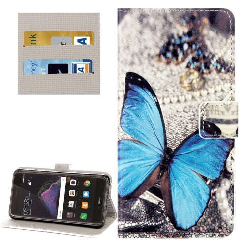 Huawei P8 Lite (2017) & Honor 8 Lite Blue Butterfly  Pattern Horizontal Flip Leather Case with Ho...