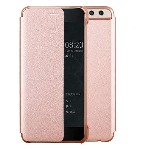 Huawei P10  Smart Leather Case Cover With Call Display ID PU+PC Protective Cases(Rose Gold)