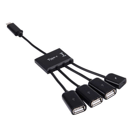 Portable 4 in 1 USB Type-C to 3 Ports USB 2.0 OTG HUB Cable with Micro USB Power Supply