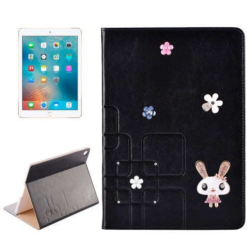 For iPad Pro 9.7 inch Rabbit Pattern Diamond Encrusted Leather Case with Holder & Card Slots (Black)