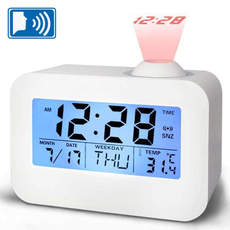 Sound Controlled Talking Time and Temperature LCD Display Projection Clock(White)