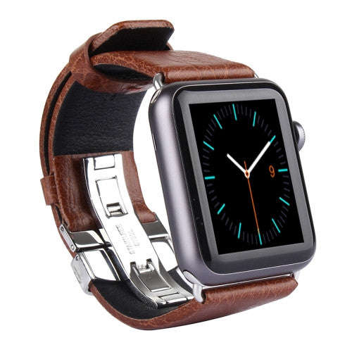 Kakapi for Apple Watch 42mm Double-buckle Genuine Cowhide Leather Watchband with Connector(Brown)