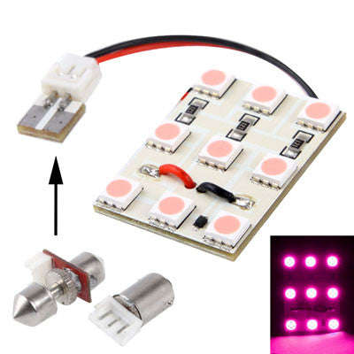 Pink 9 LED Car Interior Lamp with T10 Dome + BA9S Festoon Adapter