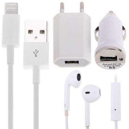 4 in 1 EU Plug Home Charger + Car Charger + USB Cable + Stereo Headset Travel Kit for iPhone 6/6 ...