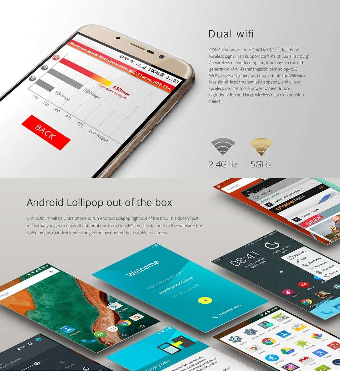 UMI ROME X 8GB, Network: 3G, 5.5 inch Android 5.1 MT6580 Quad-core 1.3GHz, RAM:1GB, Dual-band WiF...