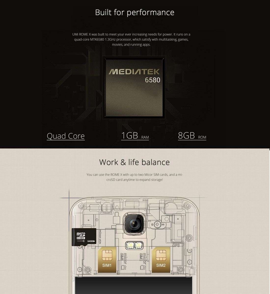 UMI ROME X 8GB, Network: 3G, 5.5 inch Android 5.1 MT6580 Quad-core 1.3GHz, RAM:1GB, Dual-band WiF...